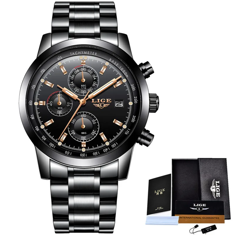 black rose gold LIGE часы для мужчин модные спортивные кварцевые часы для мужчин s часы лучший бренд класса люкс Полный сталь Бизнес водонепроницаемые часы Relogio Masculino - Цвет: black rose gold