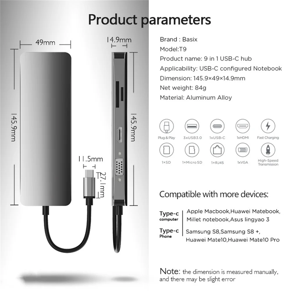 9 портов USB C концентратор тип C до 4K HDMI VGA USB RJ45 SD/TF кардридер Thunderbolt 3 PD адаптер Разъем для Apple iMac Mac Book