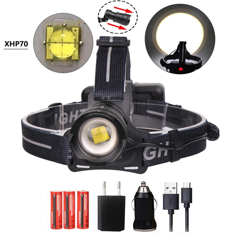 Светодиодный Суперяркий налобный светильник XHP70 светодиодный фонарь с зумом 3