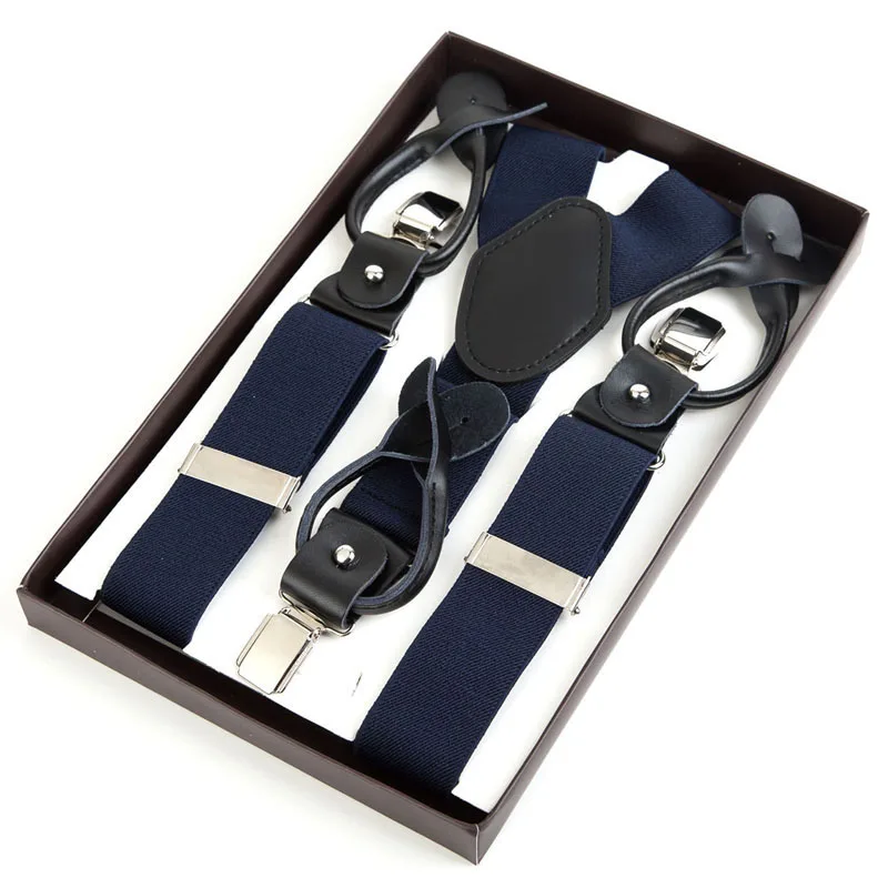 Navy blue Модные Подтяжки Y-back форма двойного назначения зажимы на мужской кнопки подтяжки кожаные брюки suspensorio Жених 10 цветов NBD9115 - Цвет: Navy blue
