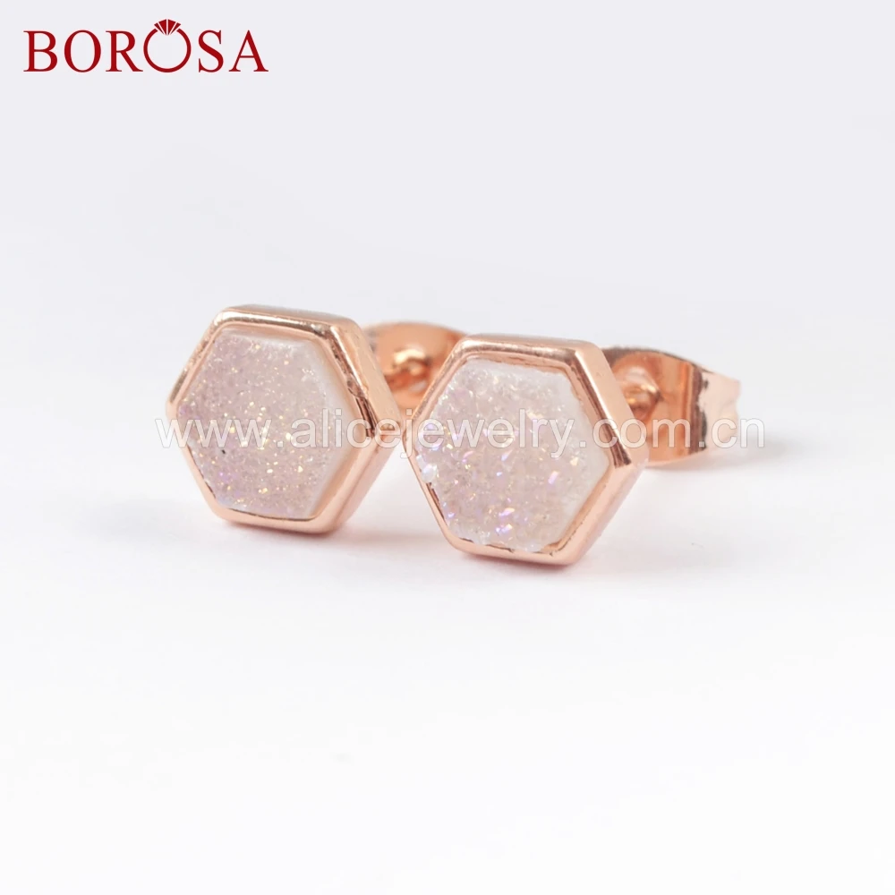 Шестигранные серьги гвоздики BOROSA цвета розового золота титановые радужные друзы