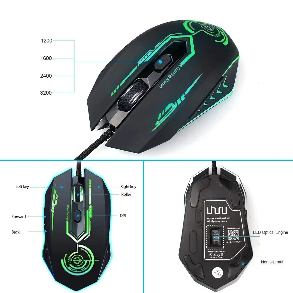 Проводная игровая мышь UHURU 6 кнопок 1200/1600/2400/3200 DPI компьютерная 7 цветов