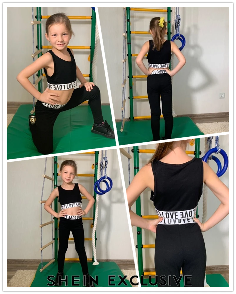 SHEIN/черный укороченный топ с буквенным принтом и штаны; Одежда для девочек; комплект из двух предметов; коллекция года; одежда для активного отдыха; модная детская одежда без рукавов