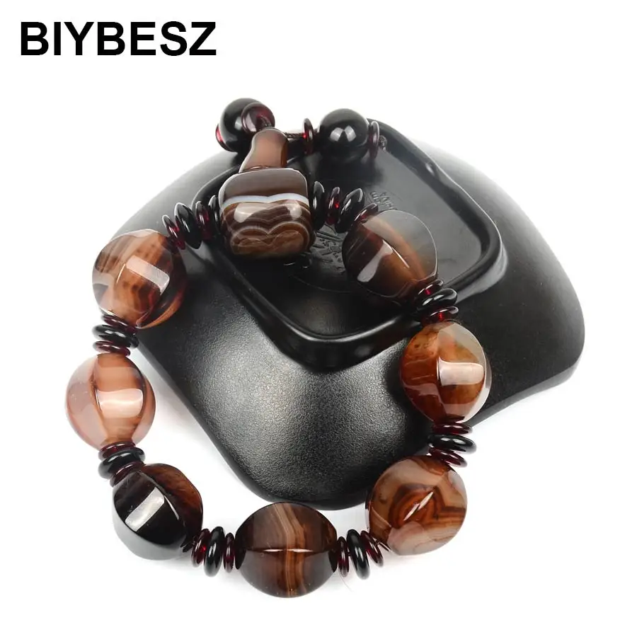 

Irregular Natural agat bead Charm Round Bead Elastic Bracelets Tibetan Men Wrist Jewelry Charm Beaded Daily accessories For Men