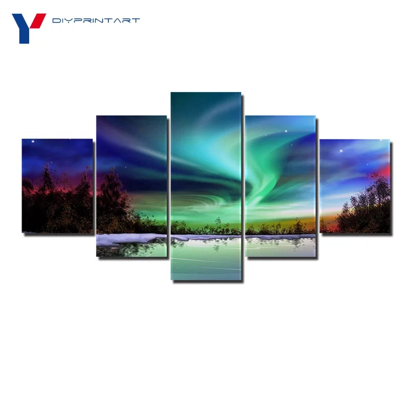 

Northern Lights On Snow 5 Panel Canvas Wall Art Print Painting for Living Room Decoration A0679