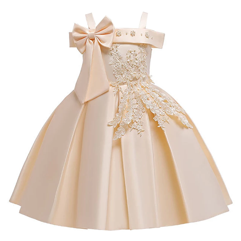Elegant One word shoulder children's dress summer girl party princess big bow lace kids baby wedding flower clothes | Детская одежда