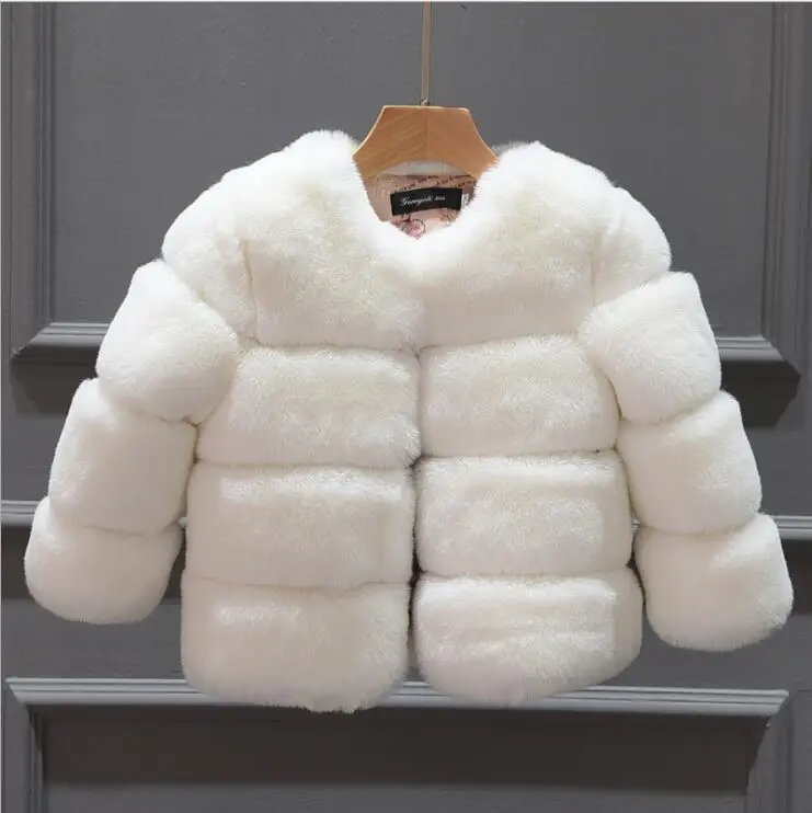 White Winter Girls faux fur Coats fashion Children winter Jackets for girls clothes Kids Outerwear fur Jackets warm princess coat - Color: White