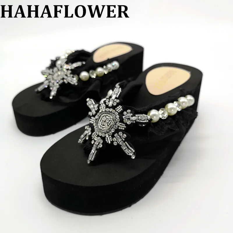 

HAHAFLOWER Women Slippers Summer Beach Slippers Flip Flops Sandals Women Pearl Fashion Slippers Ladies Platform Shoes
