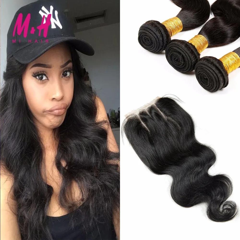 7 Необработанные Перуанский Девы Волос С Закрытие 3 Связки Закрытием Mi Объемной