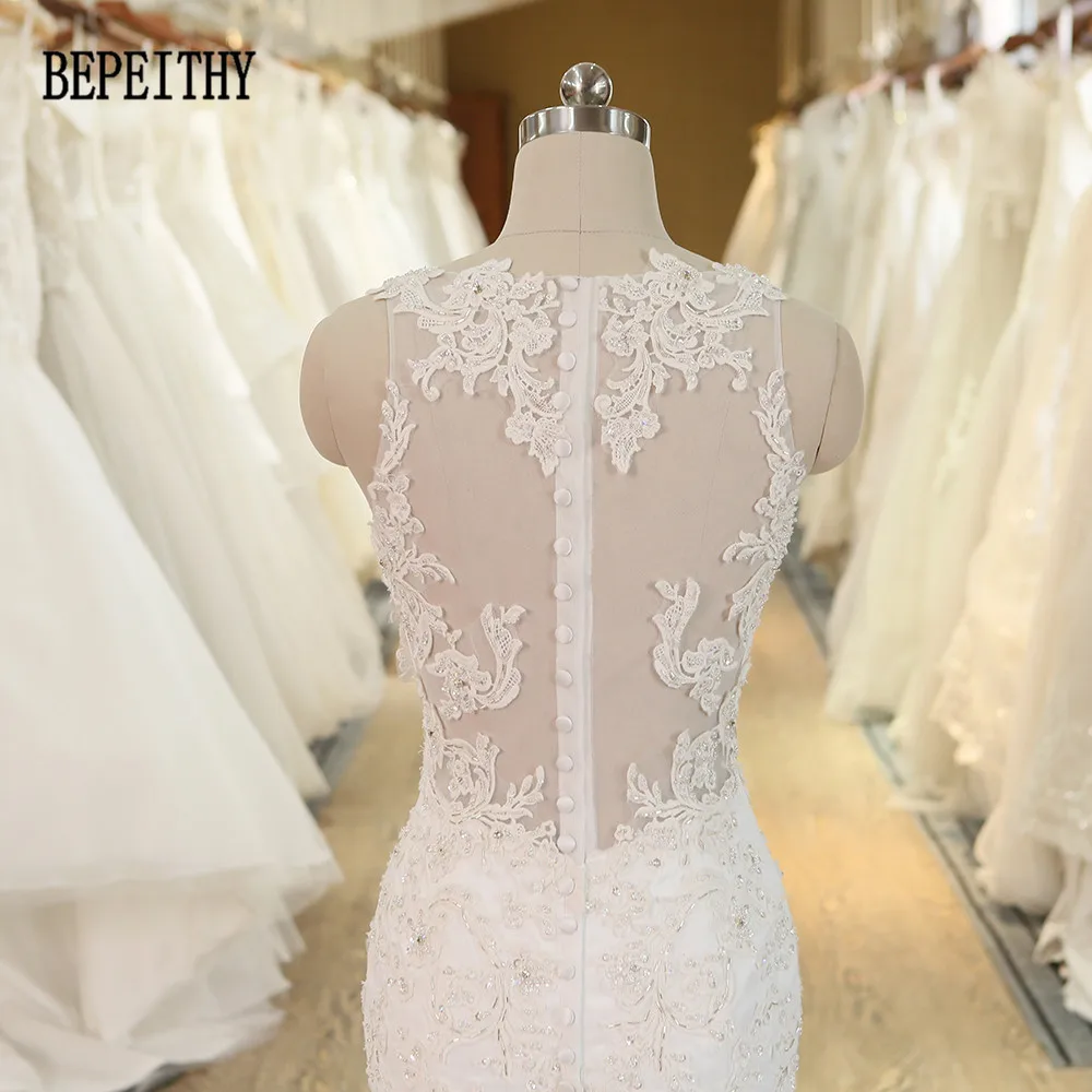 

BEPEITHY Real Photo Vestido De Novia Custom Made 2019 BEPEITHY Mermaid Wedding Dress V-neck Lace Beadings Casamento Bridal Dress