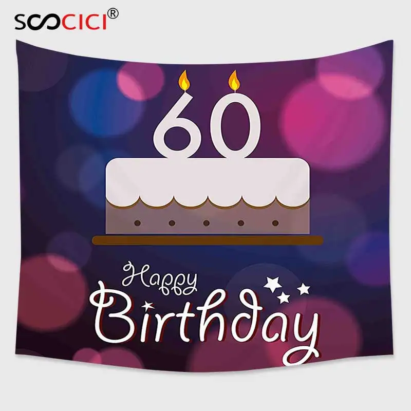 

Cutom Tapestry Wall Hanging,60th Birthday Decorations Cartoon Modern Party Cake Quote on Abstract Backdrop Purple Lilac and Pink
