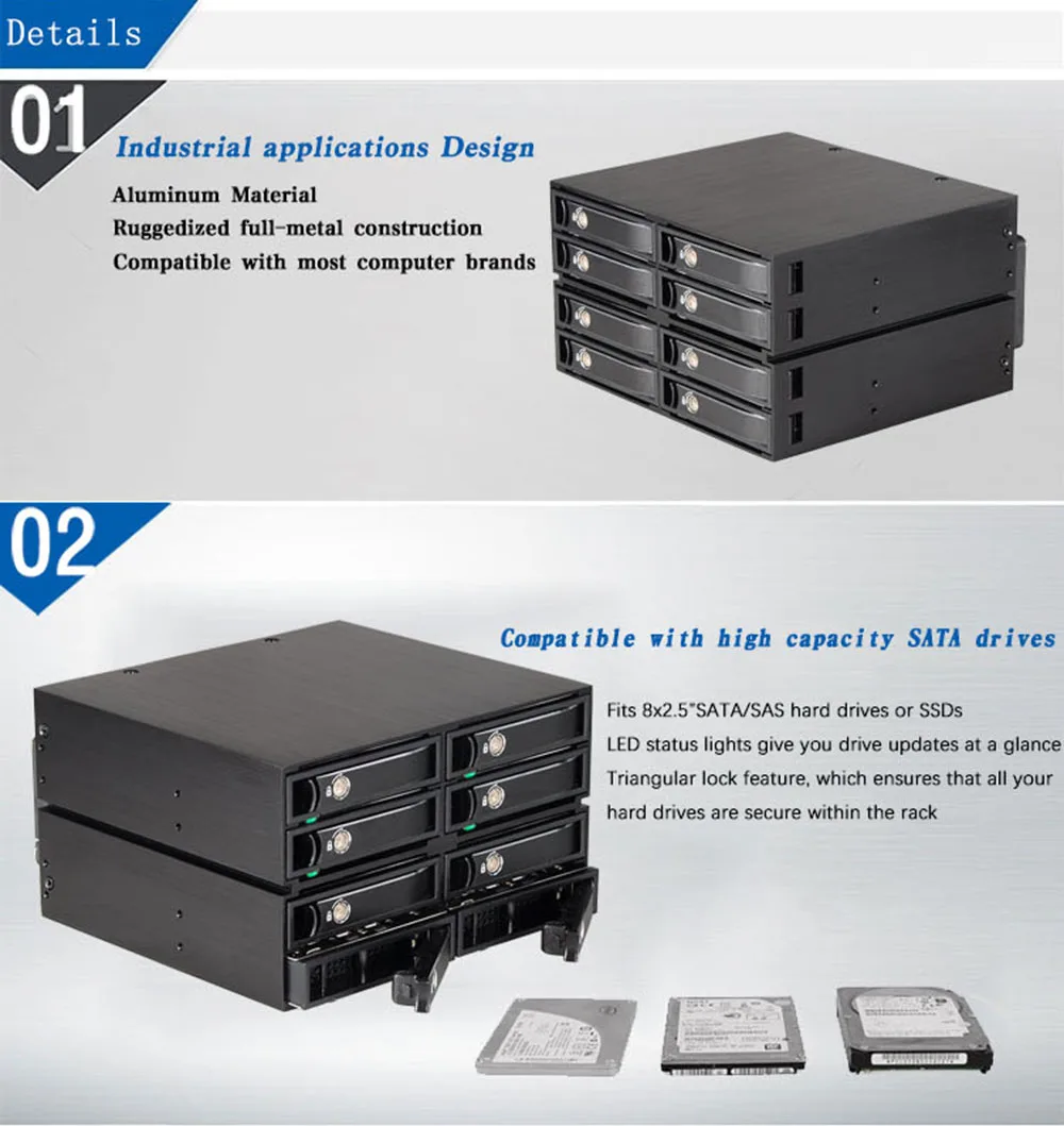 Алюминиевый 2," 8-bay SATA/SAS SSD/HDD мобильный стеллаж с 2 Mini-SAS HD(SFF-8087) для 2 x Внешний 5,25" отсек привода