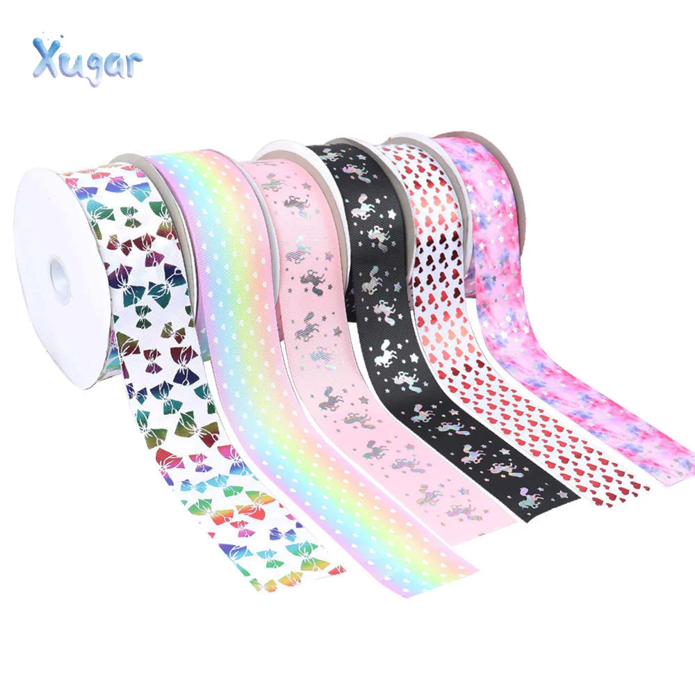 

Cute Printed Grosgrain Ribbon 75mm Width 2Y Polyester Rainbow Unicorn Bows Ruban Christmas New Year Grosgrain Ribbons For Craft