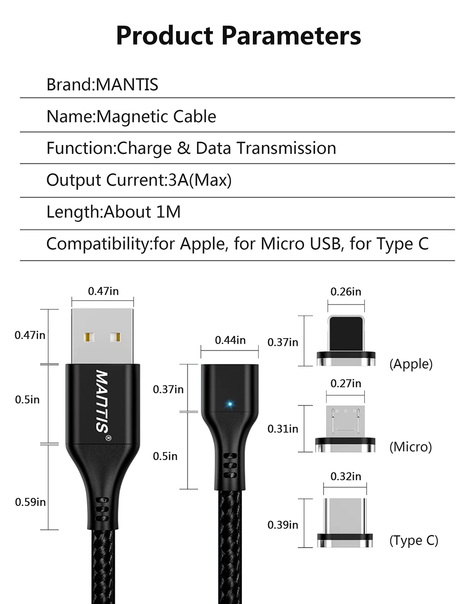 Магнитный зарядный Micro USB кабель MANTIS 3A для samsung Galaxy s7 j7 j5, магнитный кабель для быстрой зарядки Xiaomi Redmi 4X Note 4 5