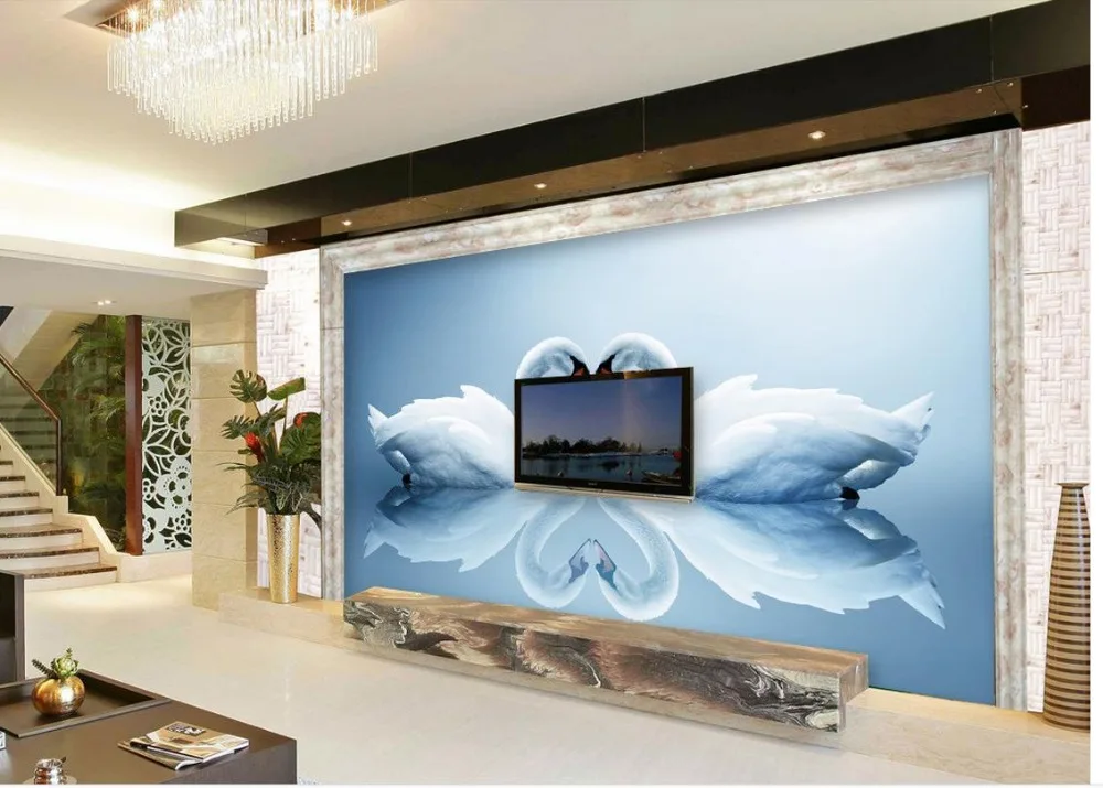 3D стереоскопические обои с изображением лебедя на фоне телевизора в гостиную