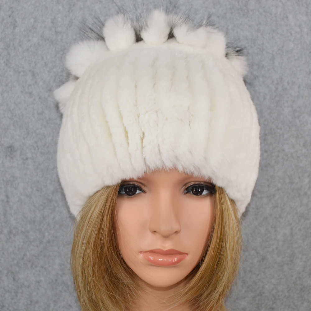 Горячая Распродажа Настоящий мех кролика Skullies Beanies шапки женские зимние теплые ручной работы вязаная шапка из меха кролика рекс шапки для девочек натуральный мех
