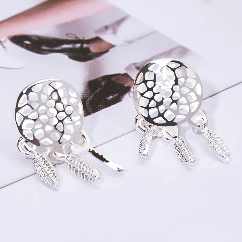 Посеребренные серьги гвоздики Ловец снов для женщин ювелирные изделия перьевые