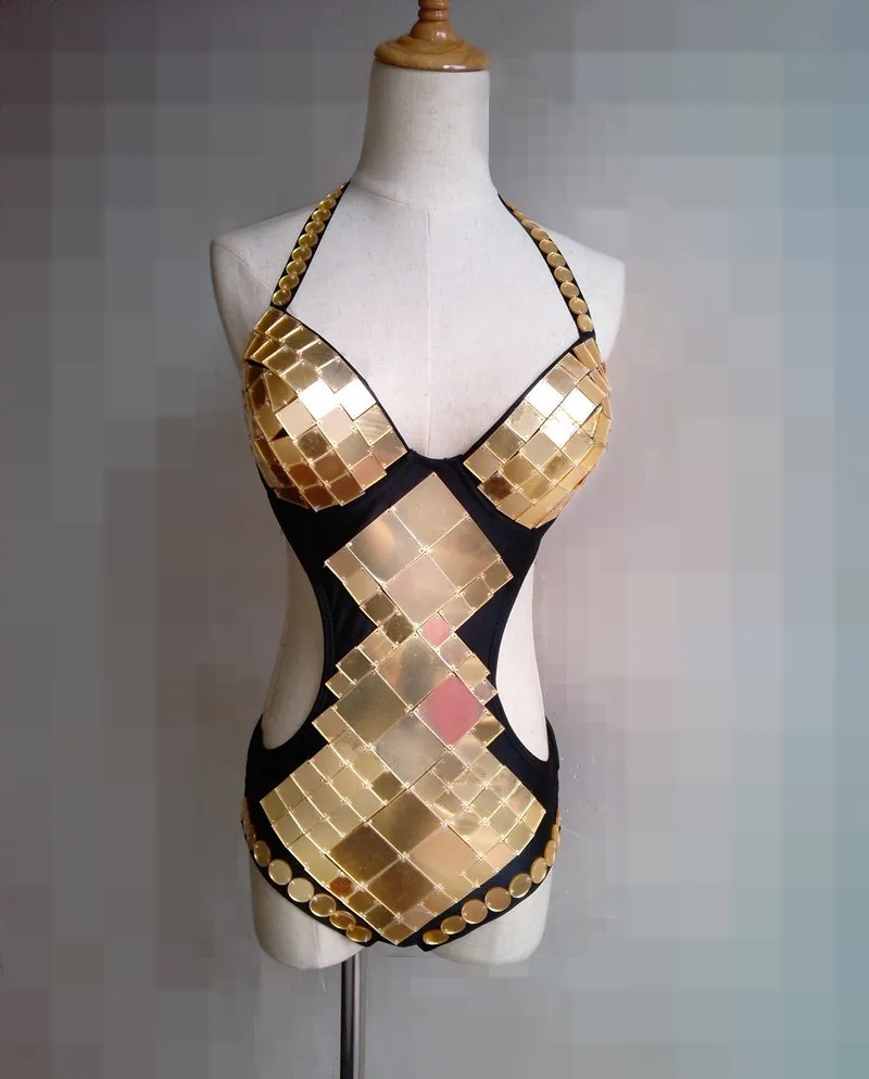 Silvery Gold Reflective mirror Bodysuit Sparkly Sequins Hollow Bodysuit Female Bar Singer DJ Costume Dancer Catwalk Stage Wear