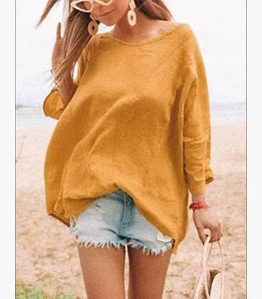 Женская льняная футболка HEFLASHOR длинная с рукавом три четверти и о-вырезом Летняя