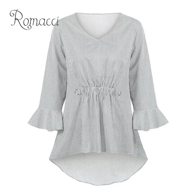 Женская полосатая блузка Romacci с расклешенными рукавами V образным вырезом и