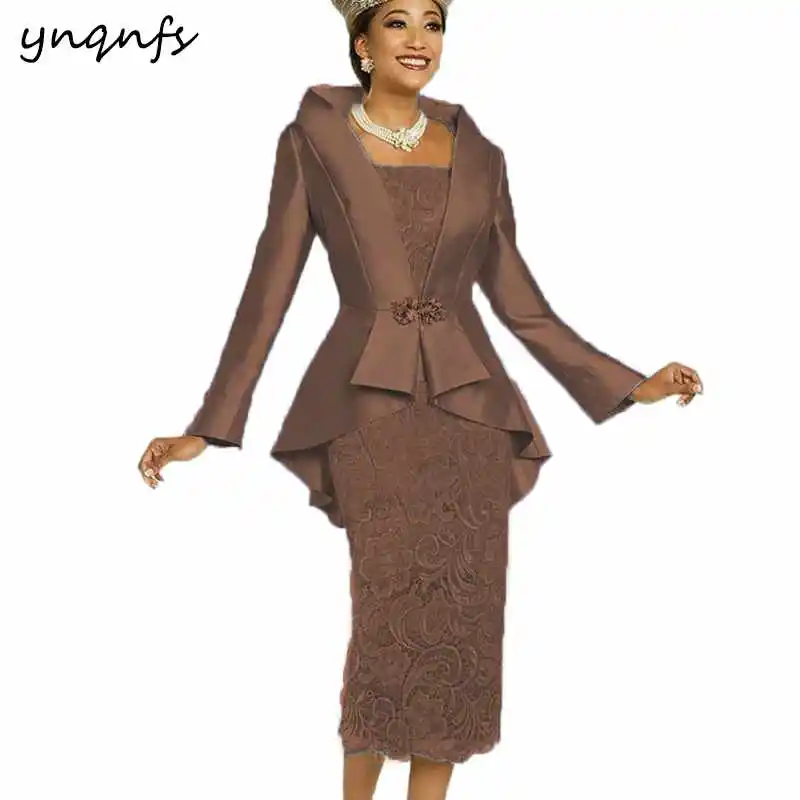Коричневый YNQNFS pinktaffeta кружева Чай Длина комплект из двух предметов для матери невесты платье с жакетом вечерние свадебное платье M52 - Цвет: Коричневый