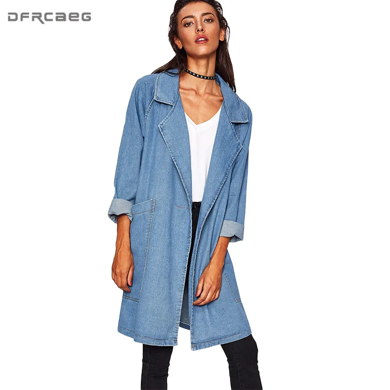Женский джинсовый Тренч с большими карманами и отложным воротником 2019|denim trench