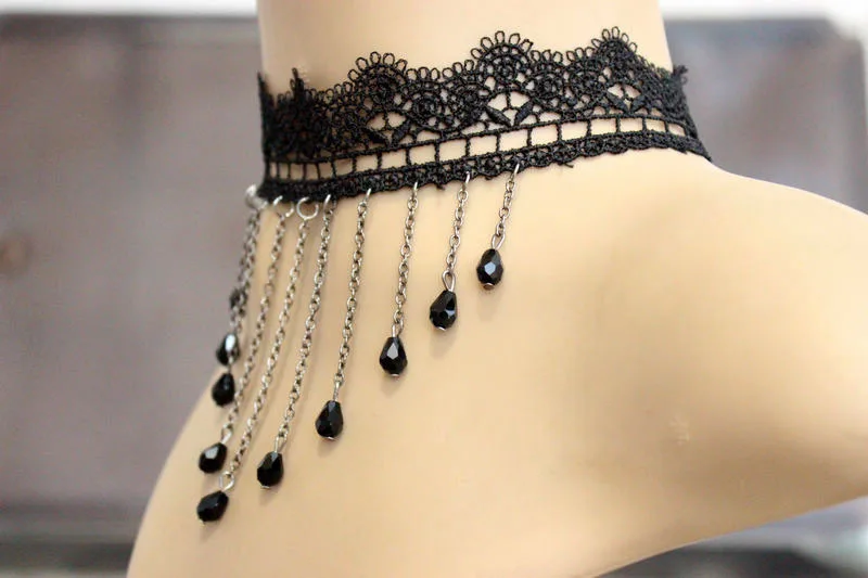 Tassel Summer Jewelry Women Black Lace Choker Necklaces Neckless Maxi Chocker Waterdrop Crystal Necklace for Laides Gift | Украшения и