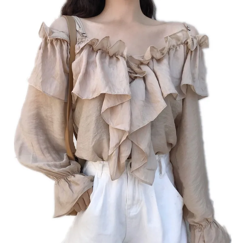 Женская рубашка без бретелек с длинным рукавом и рюшами | одежда