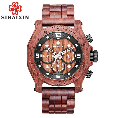 Красный SIHAIXIN деревянные часы мужские Relogio Masculino роскошный стильный Хронограф военные Кварцевые водонепроницаемые Бизнес часы мужские неделя Дата - Цвет: Красный