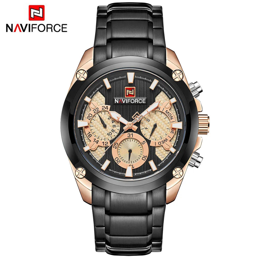 Топ люксовый бренд NAVIFORCE синие золотые часы мужские модные спортивные кварцевые мужские s часы полностью стальные водонепроницаемые часы Relogio Masculino - Цвет: Gold Black
