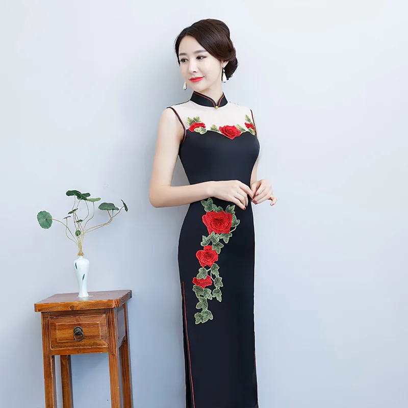 Шелковое атласное осеннее китайское традиционное платье женское тонкое Ципао с
