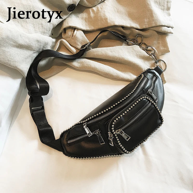 Женская Кожаная поясная сумка JIEROTYX черная с заклепками в готическом стиле