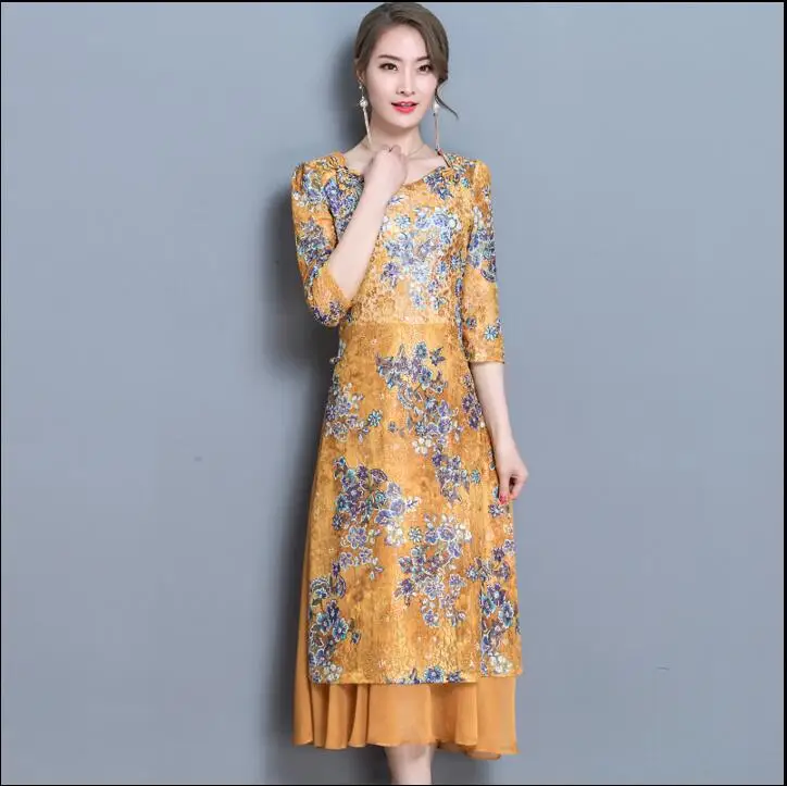 2018 новый синий стиль ao dai современное китайское традиционное платье Винтаж Ципао