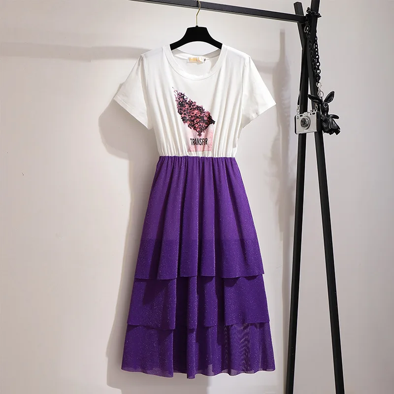 2XL-6XL, летнее женское длинное платье большого размера, повседневное, плюс размер, женское платье с оборками, фиолетовое, имитация двух частей, Платья 5XL - Цвет: Белый