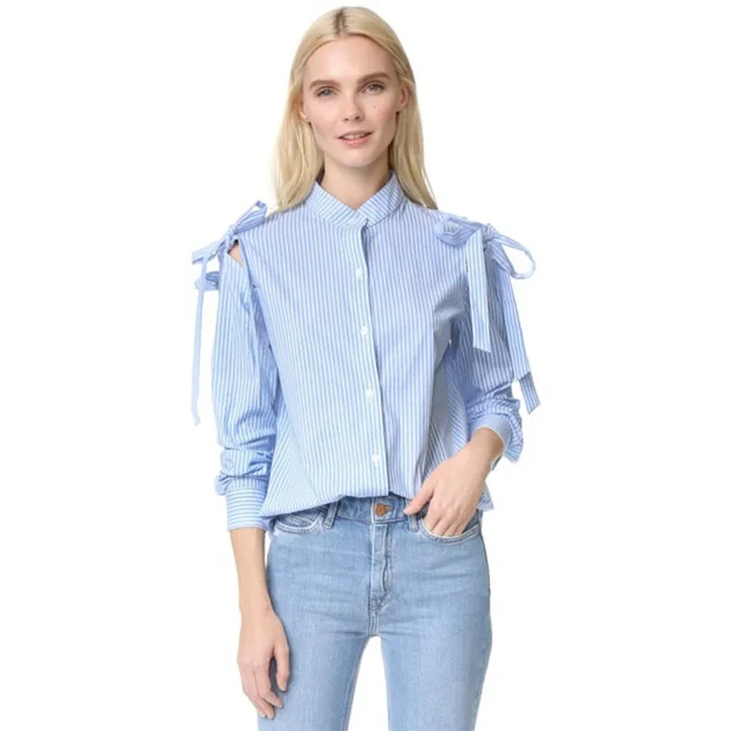 Лук Узел светло голубой в полоску блузка 2017 Для женщин Однобортный повседневная