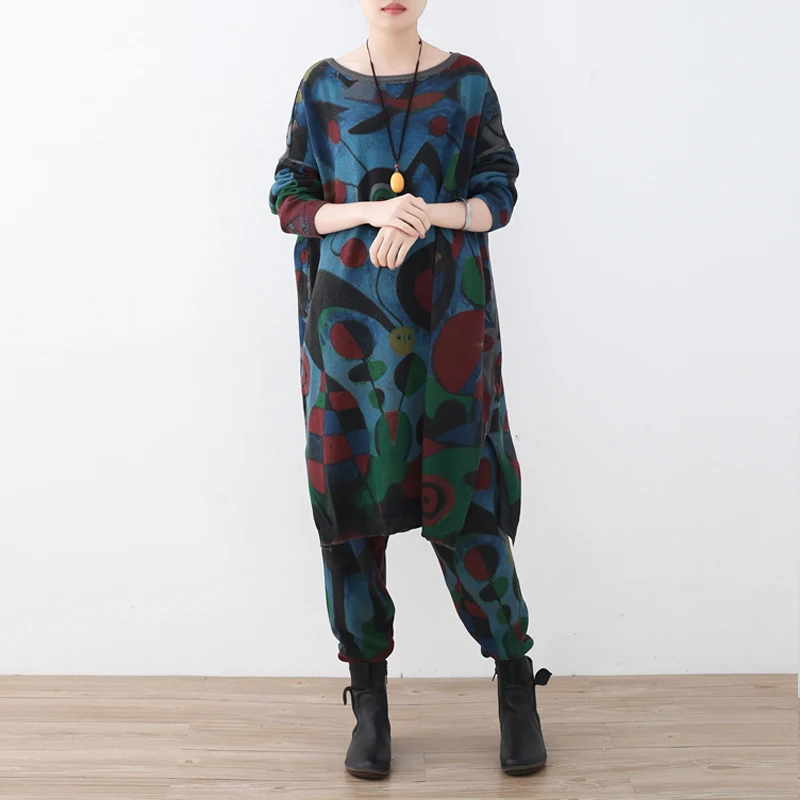 Johnature Women Vintage Pullover Sweater Print Floral 2021 Spring New Clothes Bat Sleeve O-Neck | Женская одежда