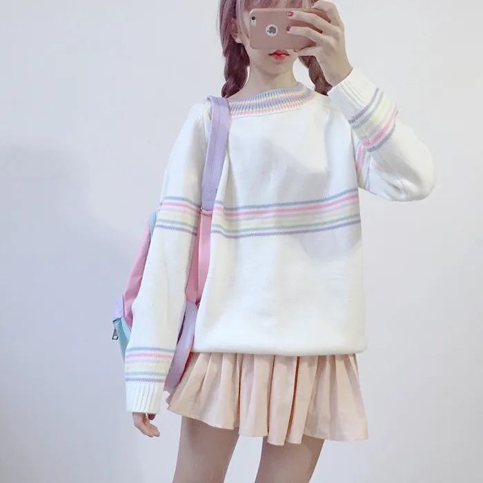 Autumn Edition Fresh Sweet Girl Colorful Stripe Long Sleeve Pullover Student Knitted Coat Feminine White Stripes Sweater | Женская