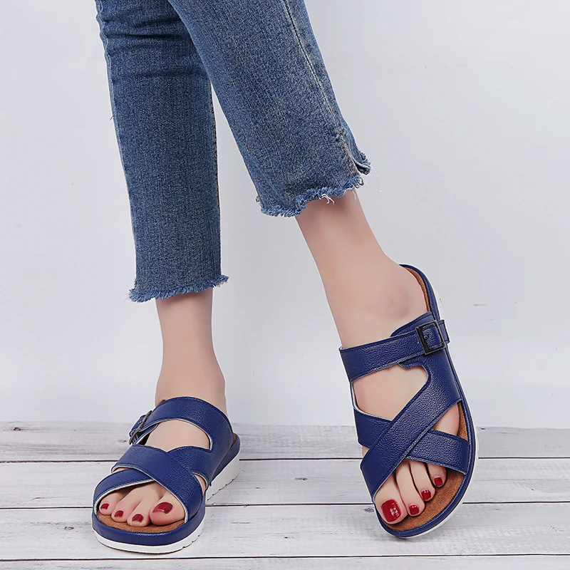 Rimocy flat heels slippers women summer casual beach solid leather platform slides plus size 35-43 european sandalias mujer 2019 | Обувь