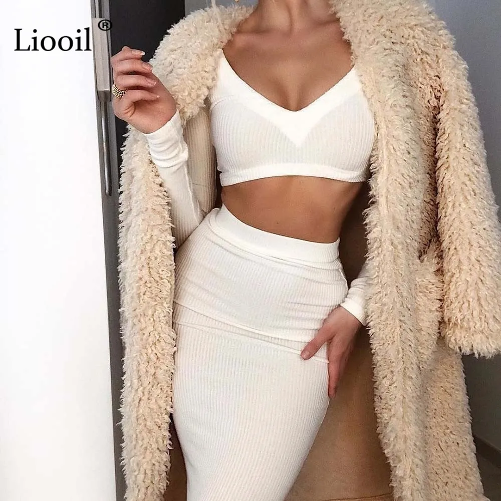 Liooil белый вязаный комплект из 2 предметов, сексуальное облегающее Макси-платье для женщин, осень, зимние вечерние облегающие длинные платья с длинным рукавом и v-образным вырезом