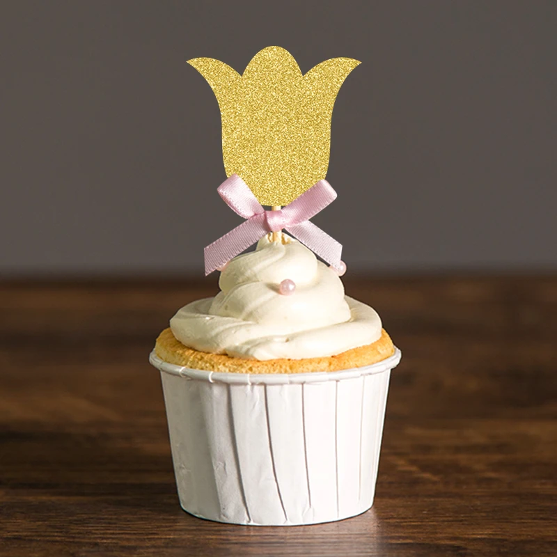 Пользовательские лук и золото/серебро блеск цветок кекс топперы выбирает