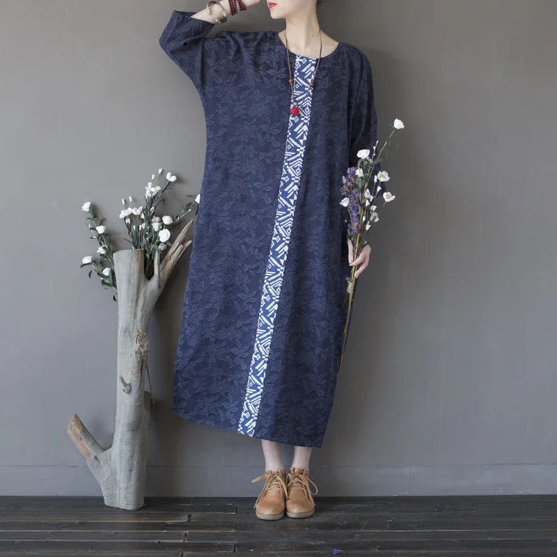 Navy Blue Новинка, женское винтажное платье, летнее, хлопковое, в винтажном стиле, удобное, мягкое, с круглым вырезом, рукав летучая мышь, сплошные, цветочные, свободные платья - Цвет: Navy Blue