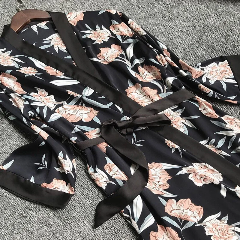 Шелковое ночное белье с сатиновым рукавом сексуальное платье для отдыха принтом