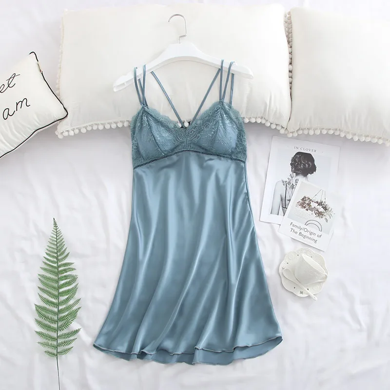 Кружевное женское летнее платье для сна с открытыми плечами 2019 ночная рубашка