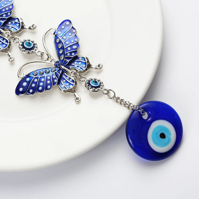 Wish Card Three Blue Butterfly Turkish Lucky Eyes Pandant Long Keychain Couples Valentines Day Gift Jewelry Key Chain EY5045 | Украшения и