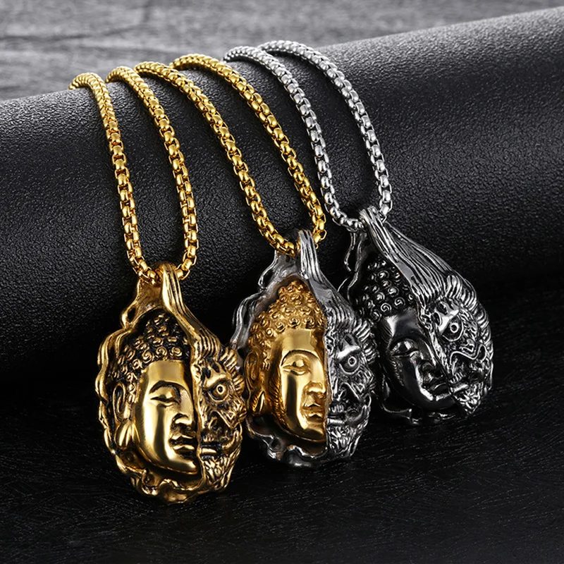 Хип хоп ожерелье с камнями золото из нержавеющей стали Половина Будды половина