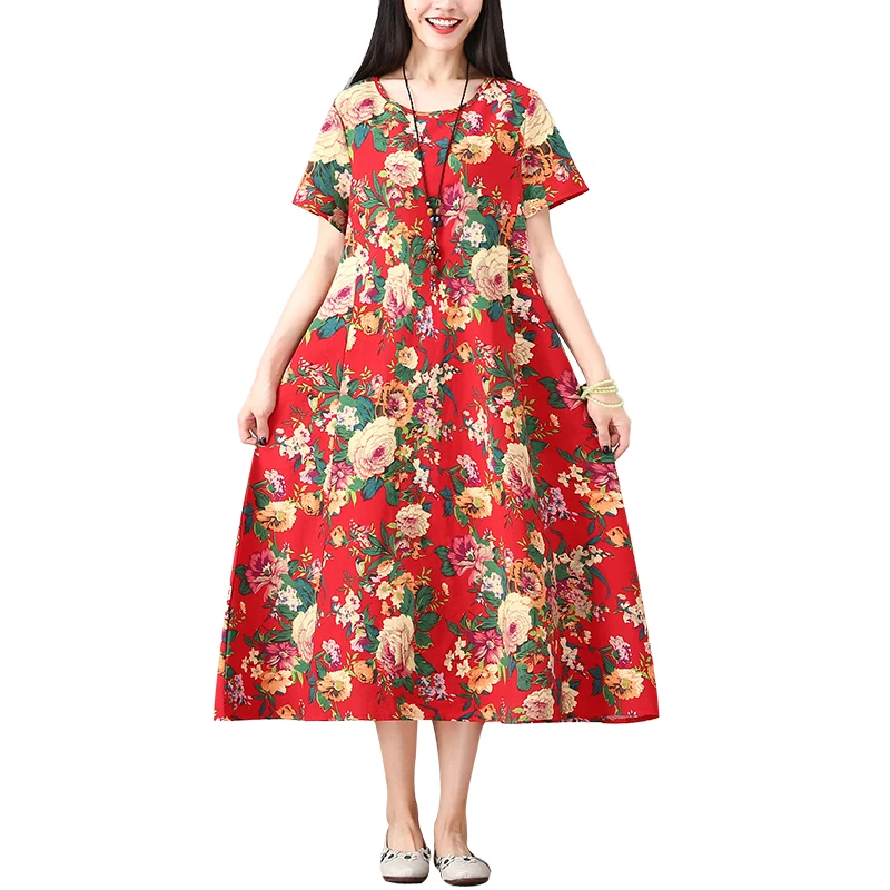 

2019 New Summer Dress Women Vintage Casual O-neck Fashion Floral Print Dress Lady Loose Plus Size Cotton Linen A-Line Dresses