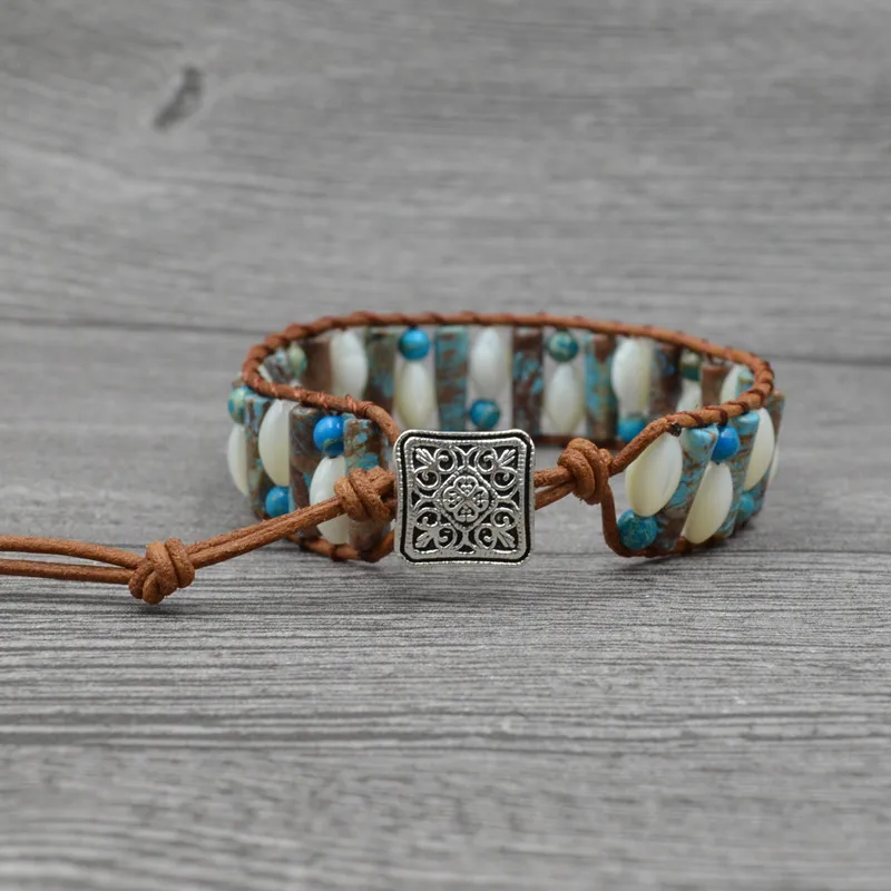 Vintage Natural stone Wrap Bracelet Women Fashion Tube Shape For Single Layer Shell Leather Beaded | Украшения и аксессуары