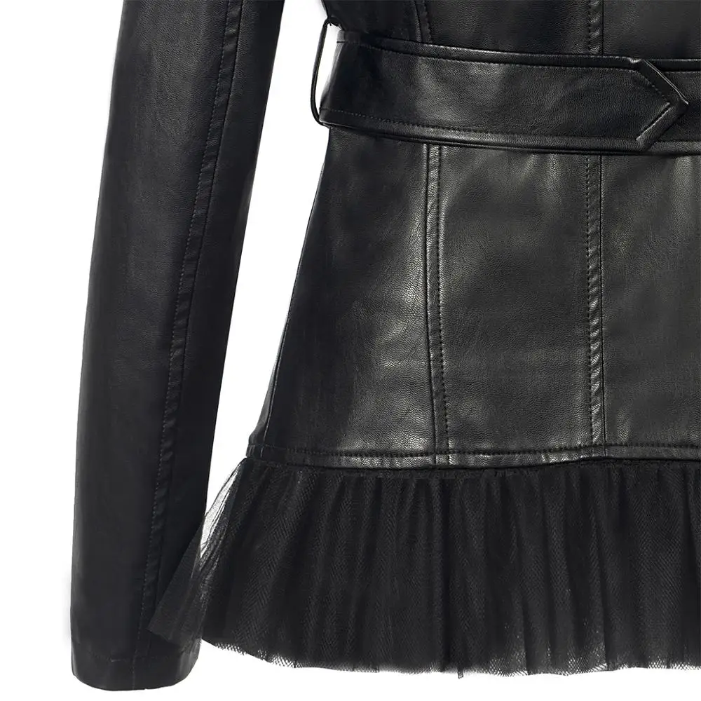 SX NEW Soft PU Faux leather Jacket Women Sashes Slim Lapel Lace zipping Beading Motocycle Coats