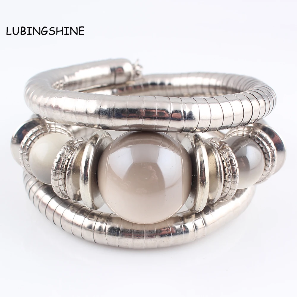 

LUBINGSHINE Bohemian Silver Color Snake Chain Bracelet Mujer Pulsera Big Round Ceramics Beads Bracelets Bangles For Women