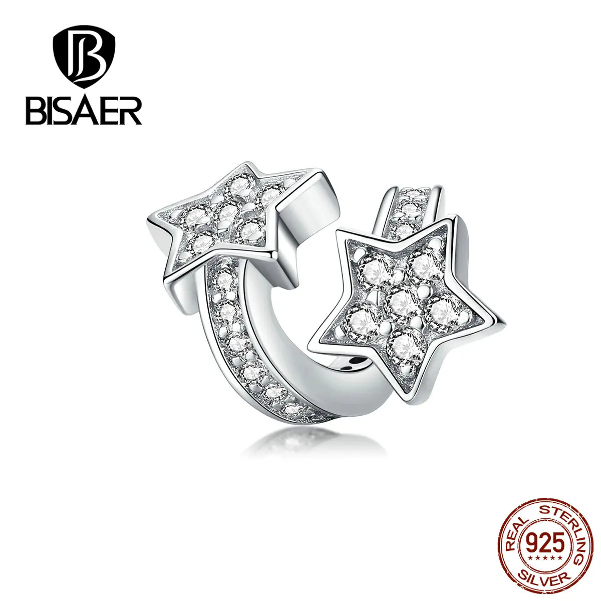 BISAER Luminous Star Clear Cubic Zircon 925 Sterling Silver Star Beads Charms fit Women Bracelets Silver 925 Jewelry ECC1244